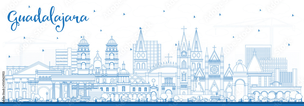 Naklejka premium Nakreśl panoramę miasta Guadalajara w Meksyku z niebieskimi budynkami.