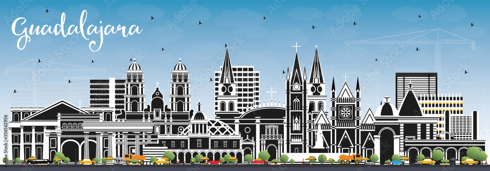 Guadalajara Mexico City Skyline with Color Buildings and Blue Sky.