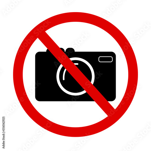 Picture prohibiting taking photos with the camera. Sign of illegal forbidden recording. Warning restrictions photograph. Vector illustration. Stock Photo.