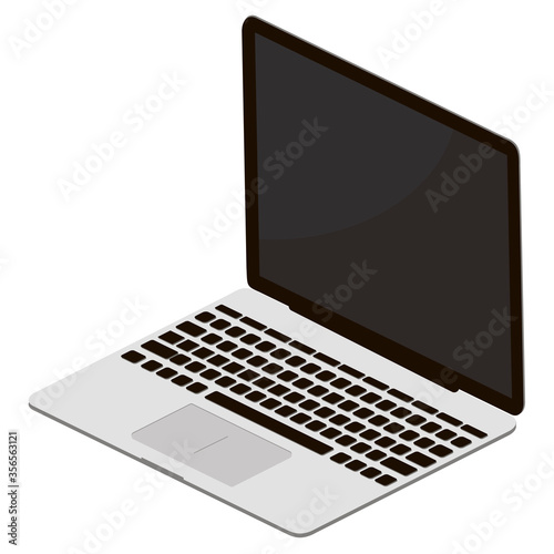 Vector isolated image of a laptop. Computer with a black, blank screen. Notebook open on a white background. Stock Photo.
