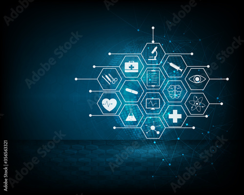 Modern medical and innovative symbols on a blue background