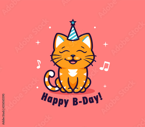 The logo Happy Birthday with animal. Logotype with funny cat and lettering phrase. © Olesia