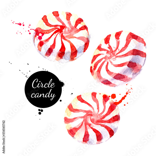 Watercolor hand drawn sketch Christmas circle peppermeint candy lollypop. Vector isolated painted illustration on white background