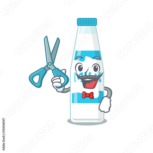 Bottle of milk cartoon character design as talented barber