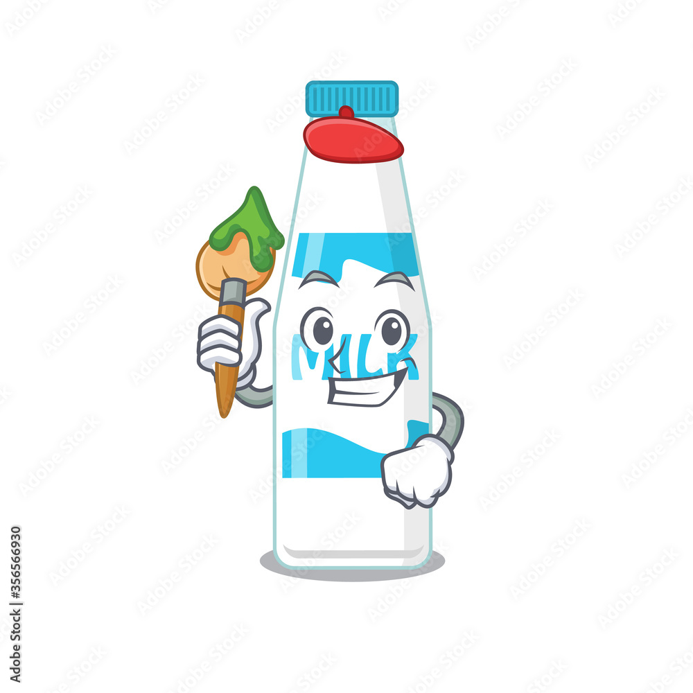 Φωτογραφία An artistic bottle of milk artist mascot design paint using a brush