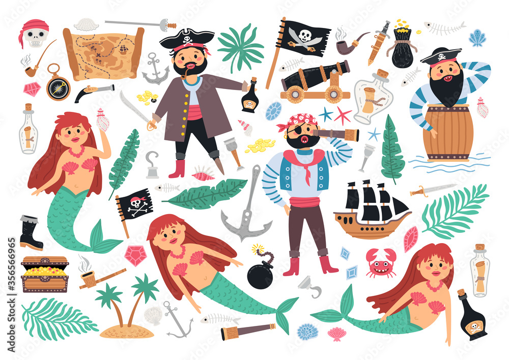 Pirate collection with sail ship, mermaid, pirates