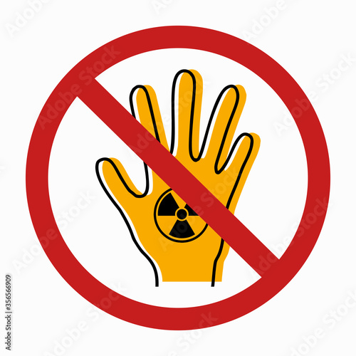 Dangerous dose of radiation of limbs. Contour silhouette of hand with icon radiation and yellow silhouette in red prohibition sign. Danger of exposure. Vector object for icons, logos, infographics