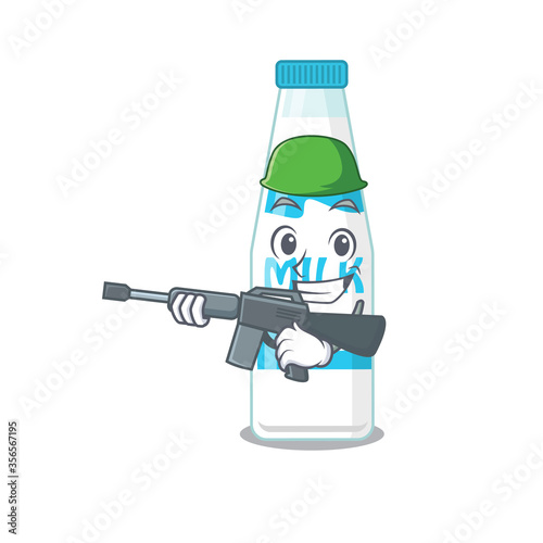 A cartoon picture of Army bottle of milk holding machine gun