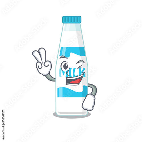 Happy bottle of milk cartoon design concept show two fingers