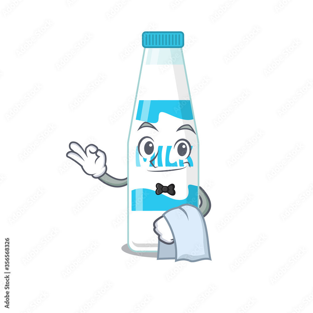 A cartoon picture of bottle of milk waiter with a white napkin