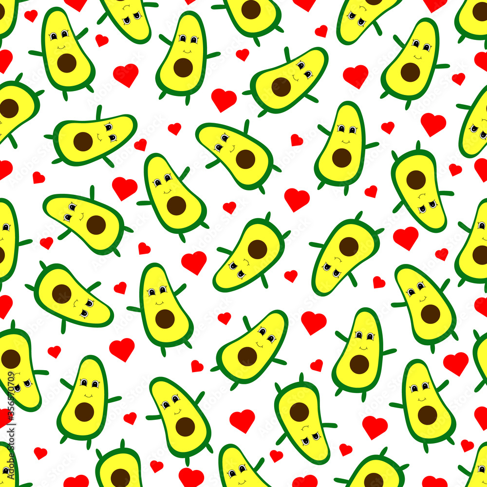 Seamless pattern with avocado and hearts. Vector flat illustration. Seamless pattern with avocado and hearts. Vector flat illustration.