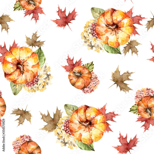 Hand painted watercolor autumn pattern of pumpkins,  leaves, red flowers, berries, branches. Pattern perfect for fabric textile, vintage paper,  scrapbooking