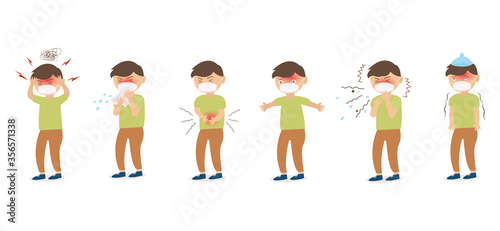 Symptoms of a viral infection and respiratory illness. A sick man coughs and sneezes. Have a Headache, Stomach ache,dizziness, coughing and fever. Coronavirus COVID-19. Vector illustration.
