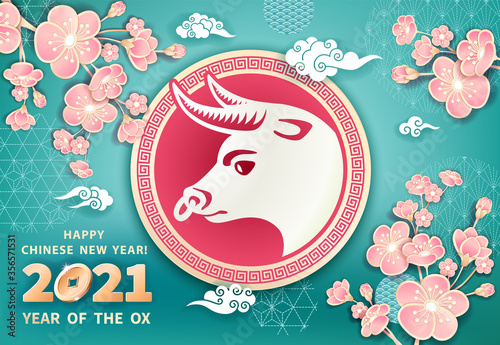 White metal ox is a symbol of the 2021 Chinese New Year. Vector banner with ox, coins, flowers pink sakura on turquoise blue background. The wish of wealth, abundance, monetary luck