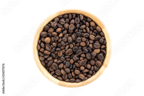 Top view of hand roasted medium coffee beans robusta in bowl isolated on white background