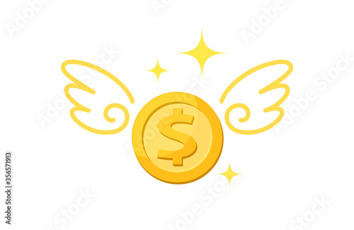 money gold coin and wing, icon penny and wings fly concept, symbol dollar money coin fly up, loss financial, money fly symbol with loss tax or debt concept