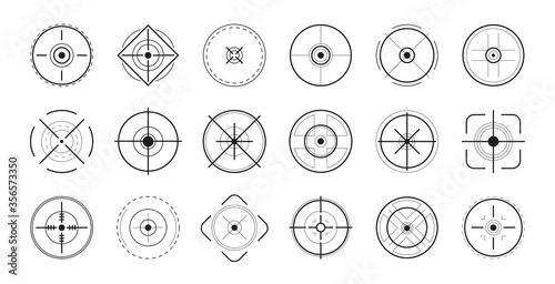 Focus on aim set. Sniper target navigation for shooting, optic crosshair. Vector illustrations for target audience, weapon, military, shooting game, accuracy topics