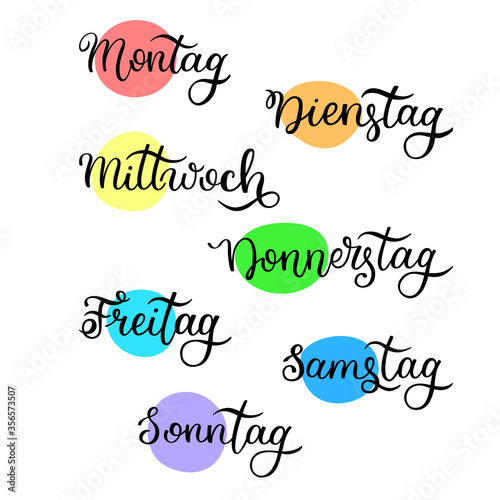 Lettering in German, days of the week - Monday, Tuesday, Wednesday, Thursday, Friday, Saturday, Sunday. Handwritten words for calendar, weekly plan, organizer.