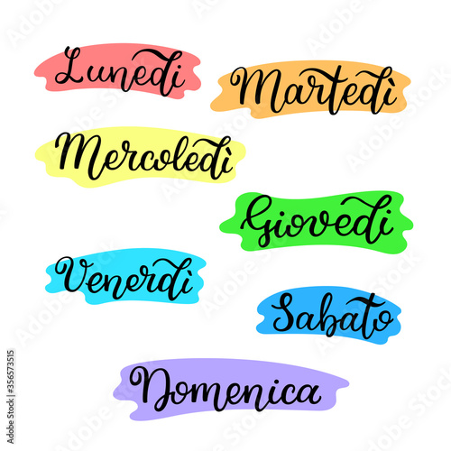 Lettering in Italian, days of the week - Monday, Tuesday, Wednesday, Thursday, Friday, Saturday, Sunday. Handwritten words for calendar, weekly plan, organizer.