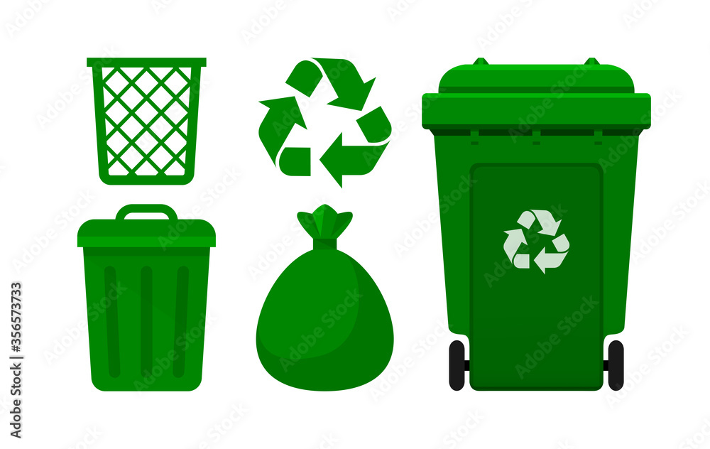 Green Bin Collection, Recycle Bin and Green Plastic Bags Waste isolated