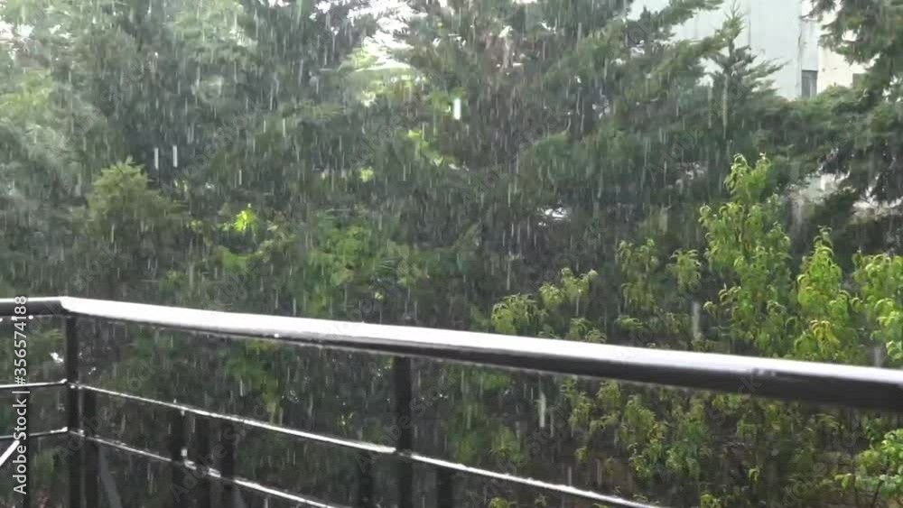 Medium shot of heavy rain, falling on balcony's rail, with garden trees in the background Medium shot of heavy rain, falling on balcony's rail, with garden trees in the background