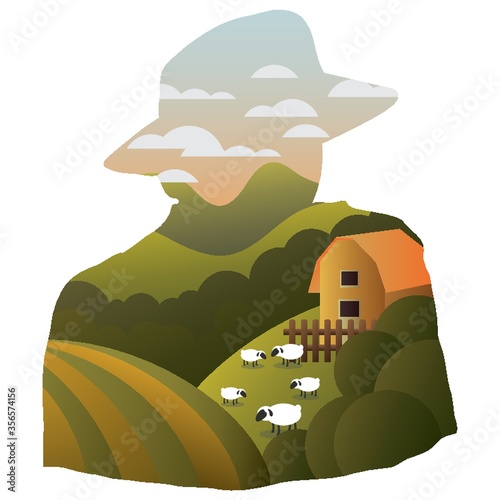 double exposure of man and farm