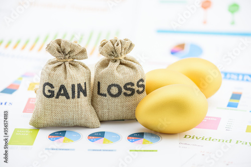 Capital investment gain and loss, financial concept : Gain and loss bags, golden eggs on summary reports, depicts managing profit and loss while investing in assets e.g bonds, stock, derivatives, ETFs