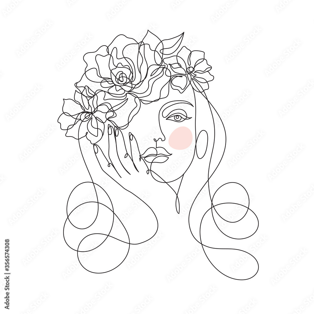 Beauty woman face with flowers one line drawing art. Abstract minimal portrait continuous line. Minimalist Orchids flowers in hair Vector illustration - obrazy, fototapety, plakaty 