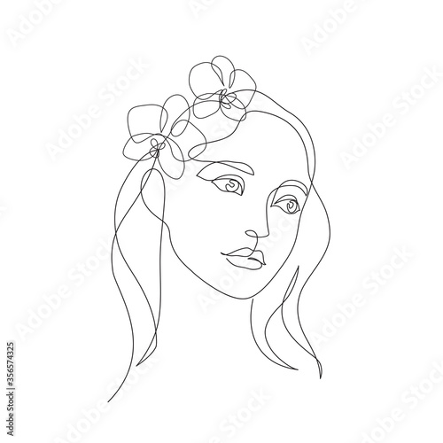 Beauty woman face with flowers one line drawing art. Abstract minimal portrait continuous line. Minimalist Orchids flowers in hair Vector illustration