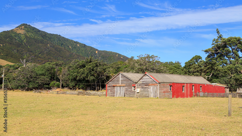 Old wooden barns in mountainous rural landscape. Photographed on the Coromandel Peninsula, New Zealand