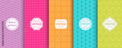 Vector geometric seamless patterns collection. Set of bright colorful background swatches with elegant minimal labels. Cute trendy textures on vibrant background. Modern design