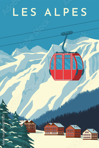 Ski resort with red gondola lift, mountain chalet, winter snowy landscape. Alps travel retro poster, vintage banner. Flat vector illustration.