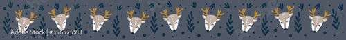 Long web banner with cute deer faces. Social media cover image. Flat vector illustration.