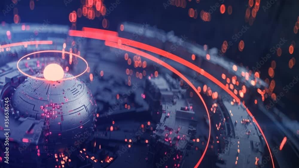 Futuristic technical construction is rotating. Science fiction mechanical concept. Seamless loop 3D render animation with DOF