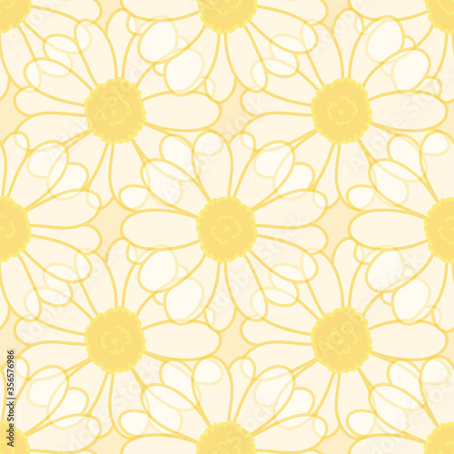 Seamless pattern translucent daisy flowers on yellow background