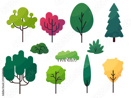 Vector set of various trees and bushes, different shapes, colors and sizes.