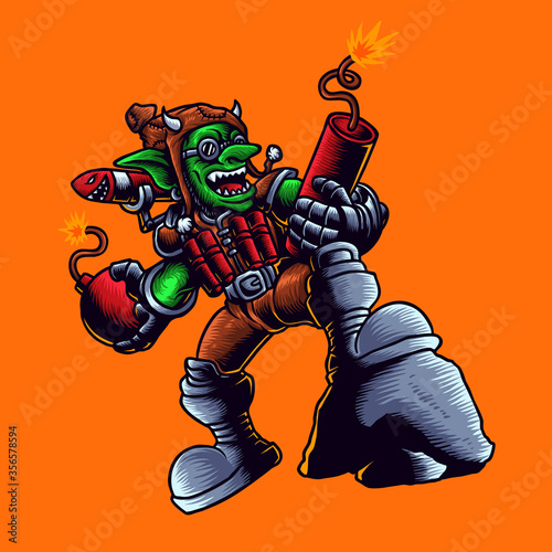 Vector illustration of an orc warrior with dynamite, bomb, rocket on the orange background. For mascot logo design in modern illustration. Separate layer and editable. Print on t-shirt (COLOR VERSION)