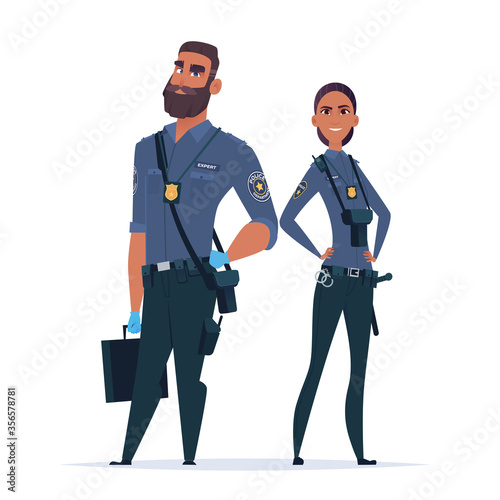 Police expert officer couple in the uniform. Police characters. Public safety officers. Guardians of law and order