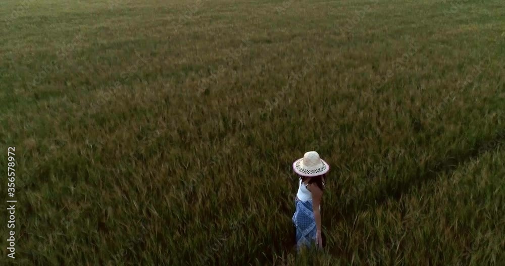 Woman enjoying a hot summer evening on a huge field in the countryside of Finland, in August, while the golden hour light is shining on her. Aerial, drone shot Woman enjoying a hot summer evening on a huge field in the countryside of Finland, in August, while the golden hour light is shining on her. Aerial, drone shot