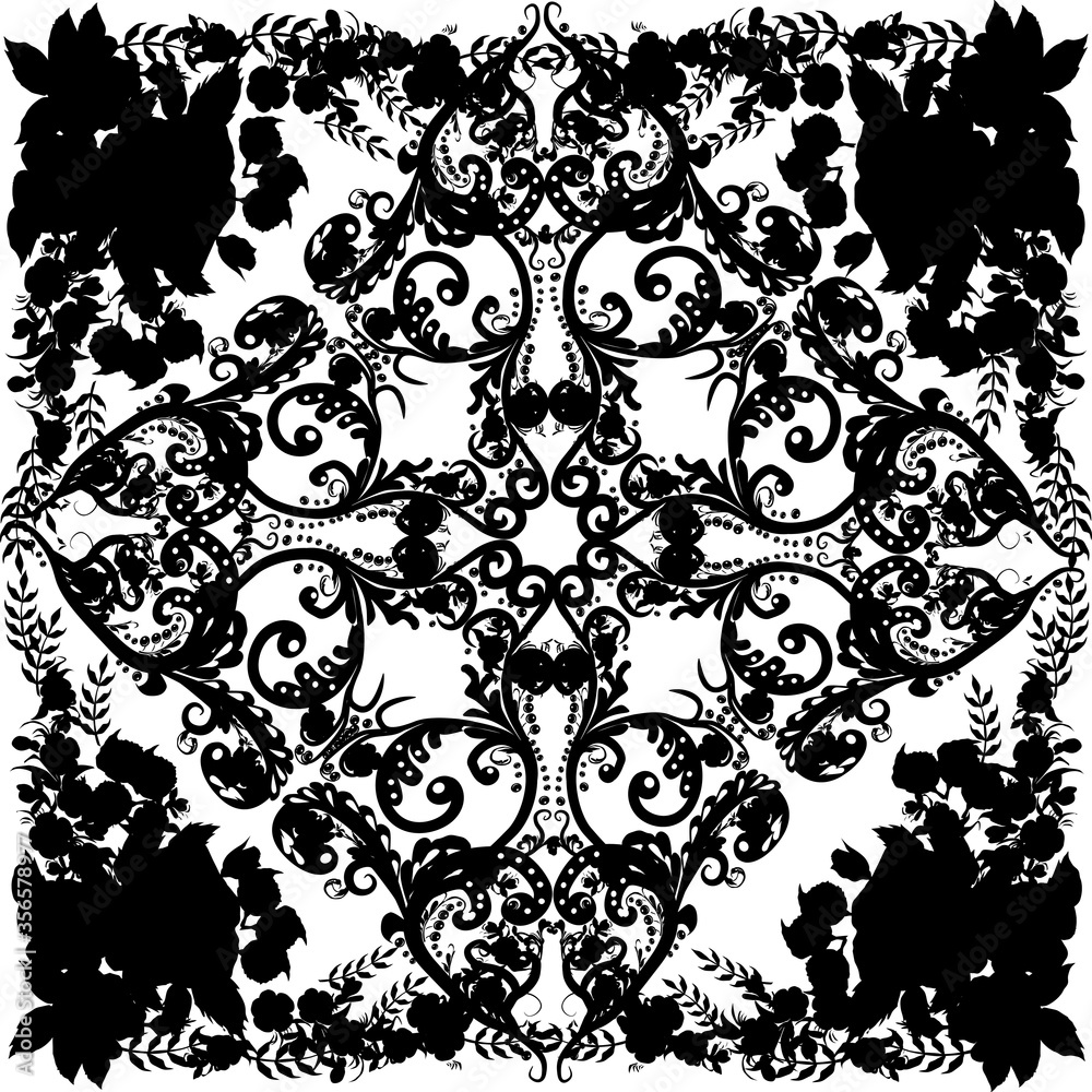 square decorated black design with flowers silhouettes