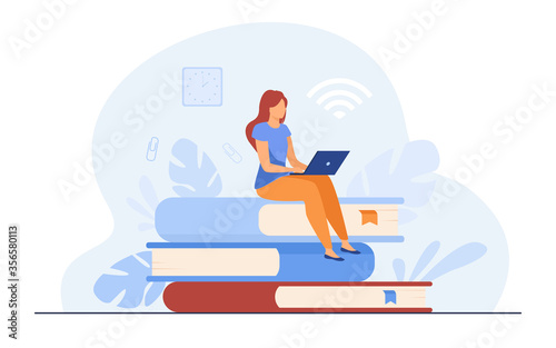 Online courses and student concept. Woman sitting on stack of book and using laptop for studying in internet. Flat vector illustration for distance learning, knowledge, school topics