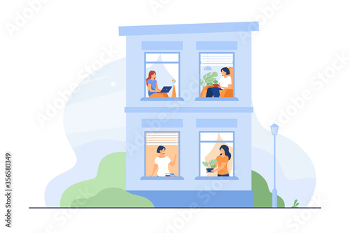 Building exterior with open windows and people inside their apartment. Neighbor women greeting each other, using laptops, reading book. Vector illustration for staying at home, leisure concept