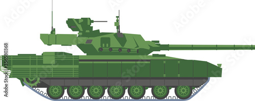 Military equipment. The latest modern Russian tank. Green tank T 14 of protective color isolated on a white background. Flat infographics in vector style.
