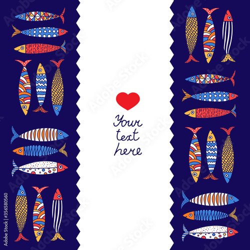 Lovely sardines. Postcard with colorful fish.