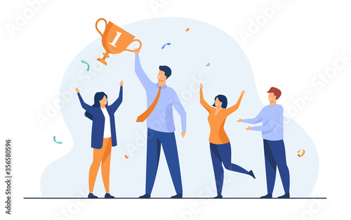 Teamwork and team success concept. Best employees winning cup, celebrating victory. Flat vector illustration for leadership and career achievement topics photo