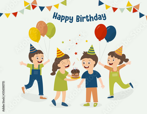 Children holding cakes, holding balloons, celebrate birthday pary.Vector illustration. Background happy birthday.