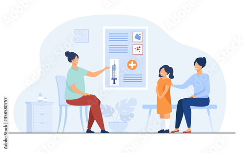 Children vaccination concept. Doctor presenting vaccine to mother with kid in hospital. Flat vector illustration for pediatrician, protection from flu topics