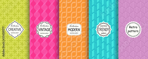Vector geometric seamless patterns collection. Set of 5 bright colorful background swatches with elegant minimal labels. Cute trendy textures on vibrant background. Modern design