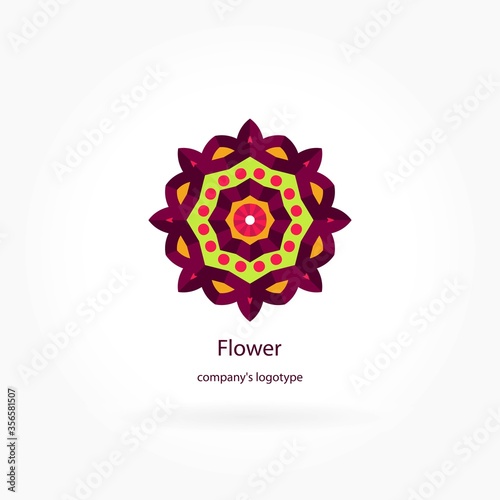 Bright, juicy beautiful circular logo for boutique, flower shop, business, interior. Company mark, emblem, element. Simple geometric mandala logotype. Kaleidoscope big bud. Surround abstract blossom.
