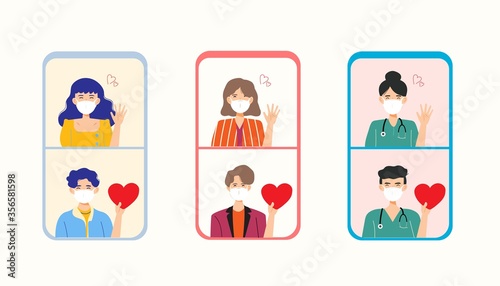 Doctor couple using smart phone communicate with each other. Young cute female and male video call. Business man long distance relationship sent love. They wear face mask at home